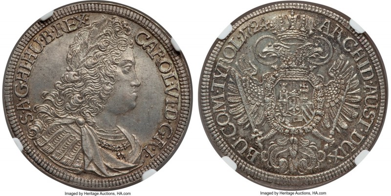 Karl (Charles) VI 1/2 Taler 1724 MS64 NGC, Hall mint, KM1616.1. The finest of th...
