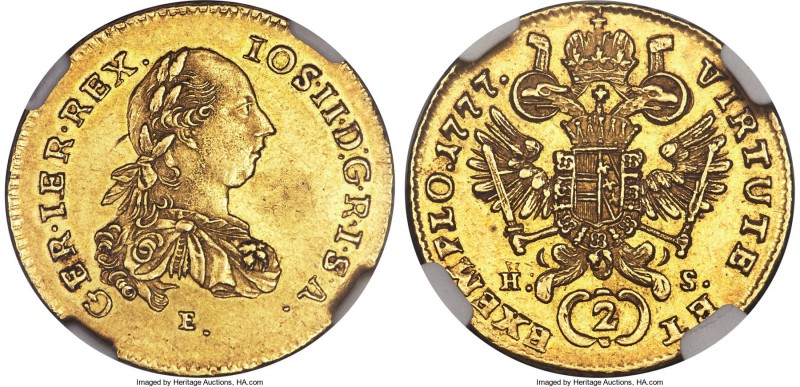 Joseph II gold 2 Ducat 1777 E//H-S MS61 NGC, Karlsburg mint (in Transylvania), K...