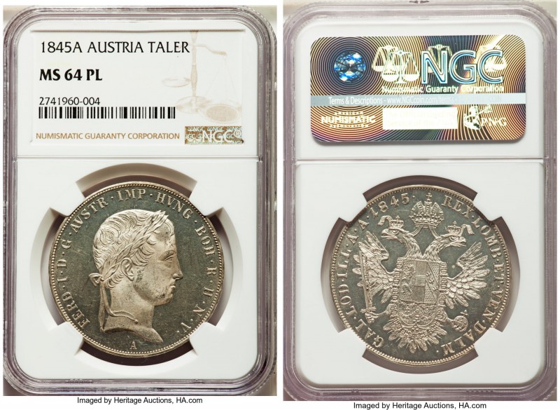 Ferdinand I Taler 1845-A MS64 Prooflike,  Vienna mint, KM2240. Presently the fin...