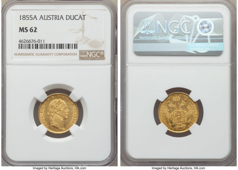 Franz Joseph I gold Ducat 1855-A MS62 NGC, Vienna mint, KM2263. A well-struck pi...