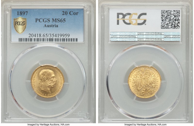 Franz Joseph I gold 20 Corona 1897 MS65 PCGS, KM2806. Absolutely premier quality...