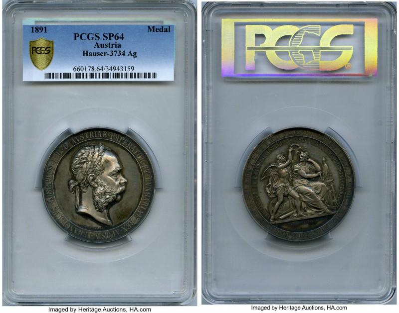 Franz Joseph I silver Specimen "Ministry of Commerce" Medal 1891 SP64 PCGS, Haus...