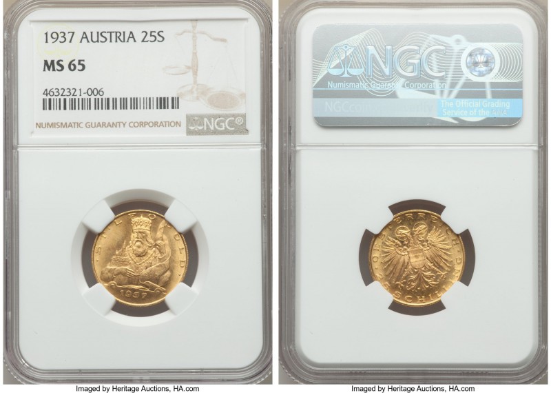 Republic gold 25 Schilling 1937 MS65 NGC, KM2856. Mintage: 7,660. A sterling rep...