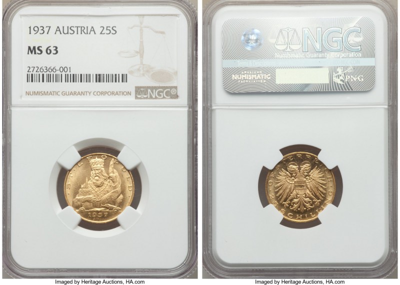 Republic gold "St. Leopold" 25 Schilling 1937 MS63 NGC, KM2856. AGW 0.1702 oz.

...