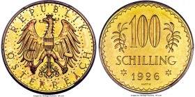 Republic gold Prooflike 100 Schilling 1926 PL64 PCGS, KM2842. Popular type in near-Gem condition. 

HID99912102018