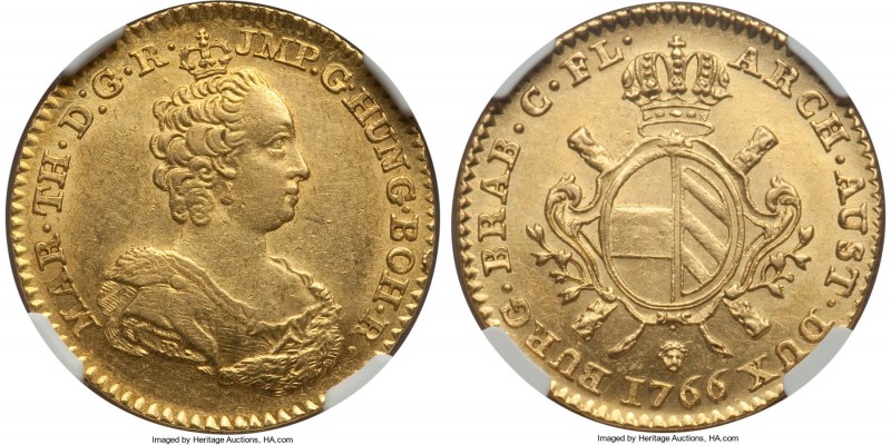 Maria Theresa gold Souverain d'Or 1766 (b)-R AU58 NGC, Brussels mint, KM24. A si...