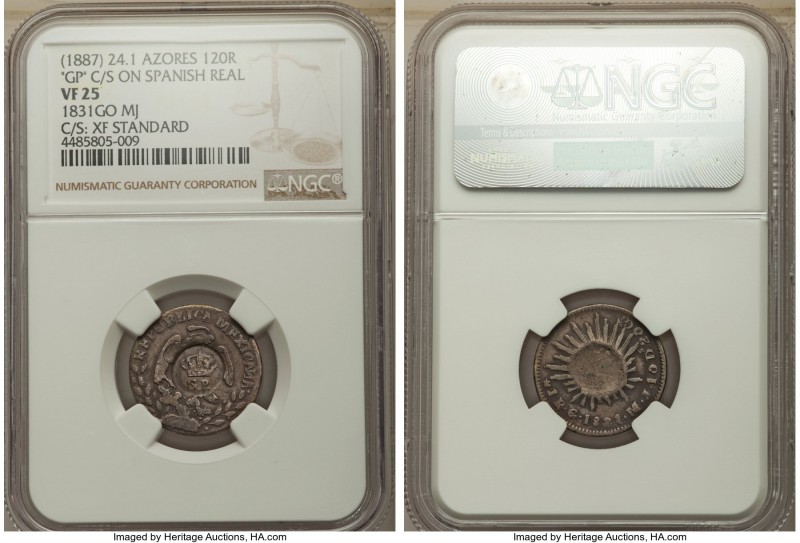 Portuguese Colony Counterstamped 120 Reis 1887 VF25 NGC,  cf. KM24.1 (on Spanish...
