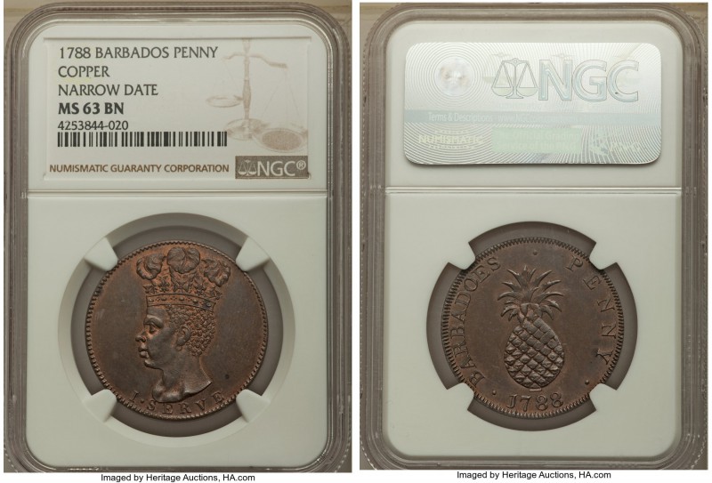 British Colony copper Penny 1788 MS63 Brown NGC, KM-Tn4, Prid-10. Narrow date va...