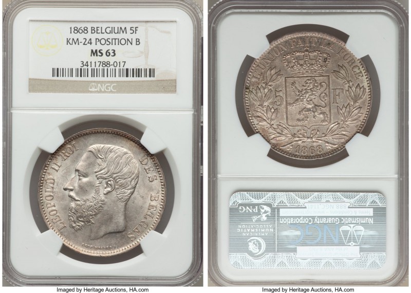 Leopold II 5 Francs 1868 MS63 NGC, KM25. Position B edge variety. A much scarcer...