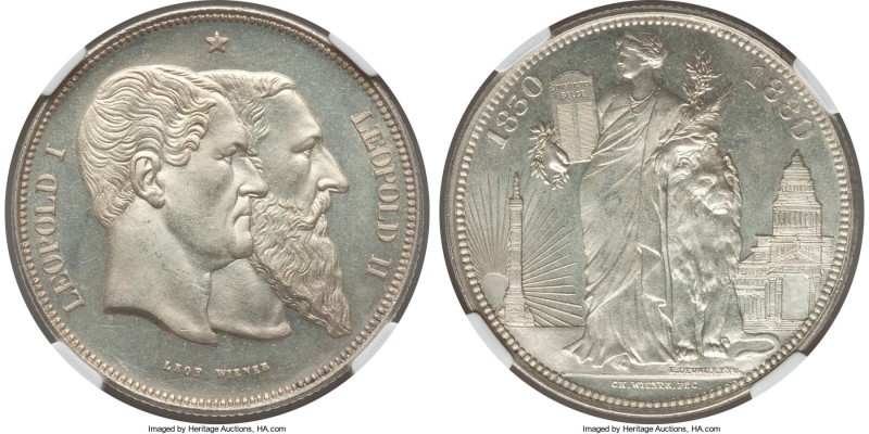 Leopold II silver Medallic 5 Francs 1880 MS65 NGC, KM-X8. A highly collectable m...