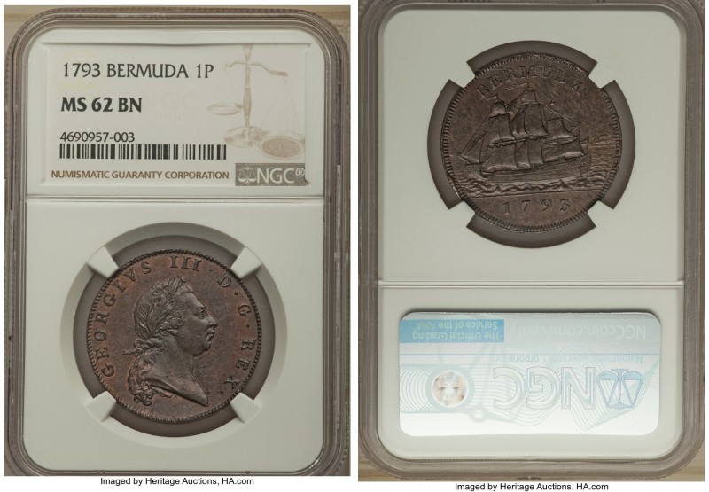 British Colony. George III Penny 1793 MS62 Brown NGC, KM5. A popular piece featu...