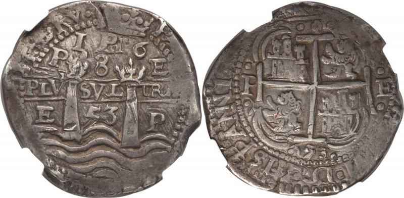 Philip IV Cob 8 Reales 1653 E-PH VF35 NGC, Potosi mint, KM21. A classic renditio...