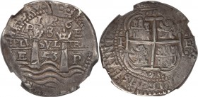 Philip IV Cob 8 Reales 1653 E-PH VF35 NGC, Potosi mint, KM21. A classic rendition of this popular type, decently struck, with glossy graphite patina t...