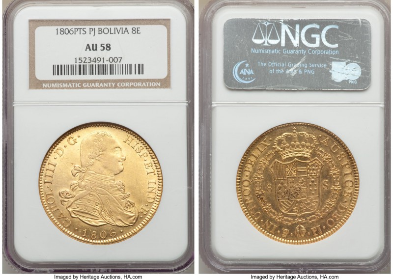 Charles IV gold 8 Escudos 1806 PTS-PJ AU58 NGC, Potosi mint, KM81. With full bri...
