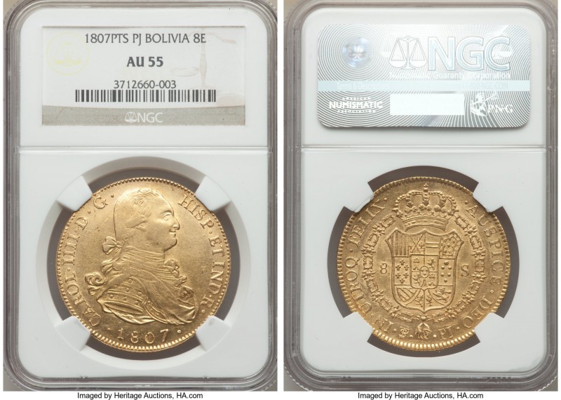 Charles IV gold 8 Escudos 1807 PTS-PJ AU55 NGC, Potosi mint, KM81. Currently tie...