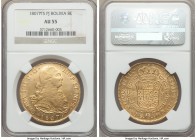 Charles IV gold 8 Escudos 1807 PTS-PJ AU55 NGC, Potosi mint, KM81. Currently tied for the finest certified at NGC, this lustrous specimen admits only ...