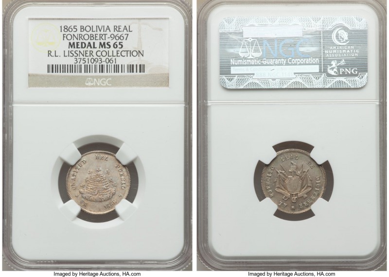 Republic silver Proclamation Medal of 1/10 Boliviano (Real) 1865 MS65 NGC, Fonro...