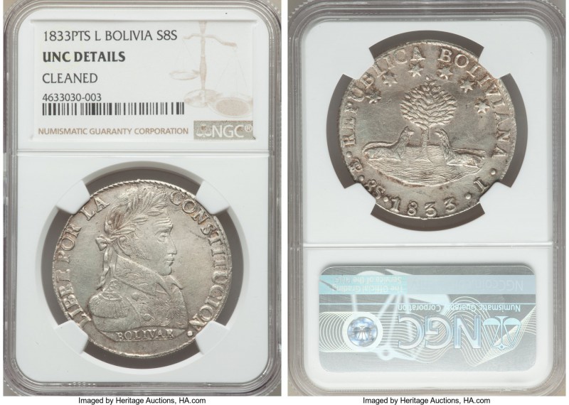 Republic 8 Soles 1833 PTS-LM UNC Details (Cleaned) NGC, Potosi mint, KM97. Stron...