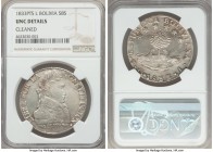 Republic 8 Soles 1833 PTS-LM UNC Details (Cleaned) NGC, Potosi mint, KM97. Strong eye appeal continues to grace this elegant silver crown in spite of ...