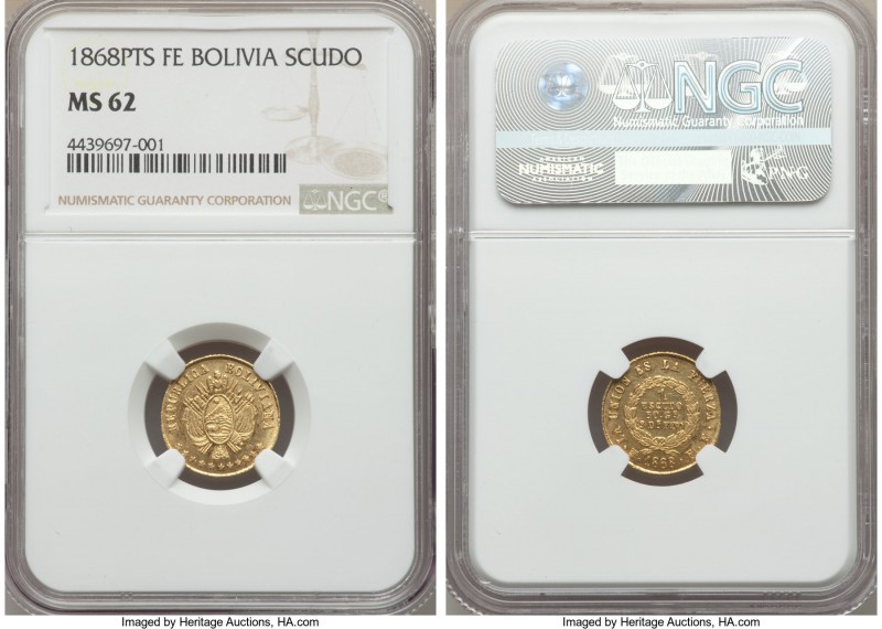 Republic gold Scudo 1868 PTS-FE MS62 NGC, Potosi mint, KM141. An elusive single-...