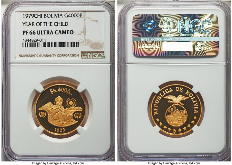 Republic gold Proof "Year of the Child" 4000 Pesos Bolivianos 1979 PR66 Ultra Ca...