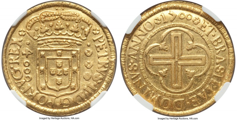 Pedro II gold 4000 Reis 1700-(R) AU55 NGC, Rio de Janeiro mint, KM98, Russo-32A....