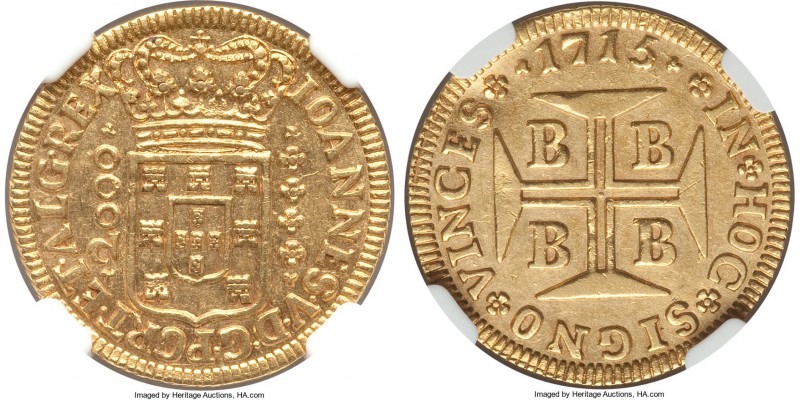João V gold 2000 Reis 1715-B AU58 NGC, Bahia mint, KM105. A lustrous example wit...