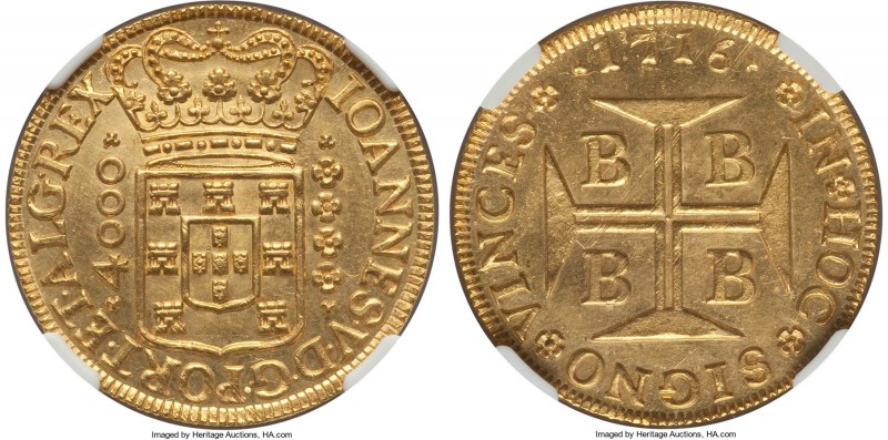 João V gold 4000 Reis 1716-B UNC Details (Bent) NGC, Bahia mint, KM106, Fr-30, L...