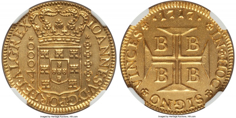 João V gold 4000 Reis 1717-B UNC Details (Cleaned) NGC, Bahia mint, KM106, Fr-30...