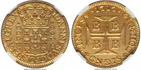 João V gold 4000 Reis 1717-B UNC Details (Cleaned) NGC, Bahia mint, KM106, Fr-30, LMB-O063. A specimen demonstrating perhaps just slightly subdued sur...