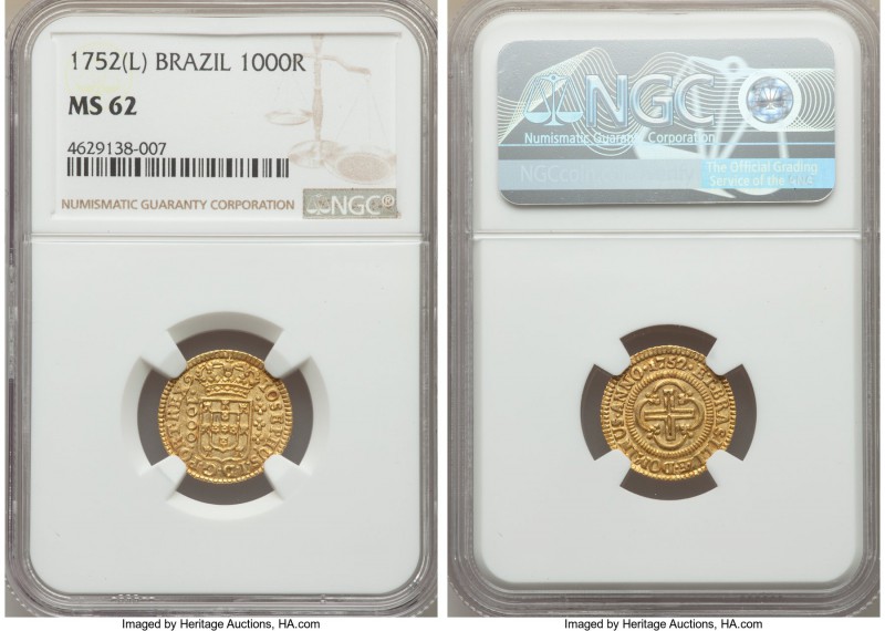 Jose I gold 1000 Reis 1752-(L) MS62 NGC, Lisbon mint, KM162.1. A premium example...