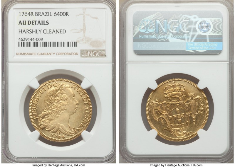 Jose I gold 6400 Reis 1764-R AU Details (Harshly Cleaned) NGC, Rio de Janeiro mi...