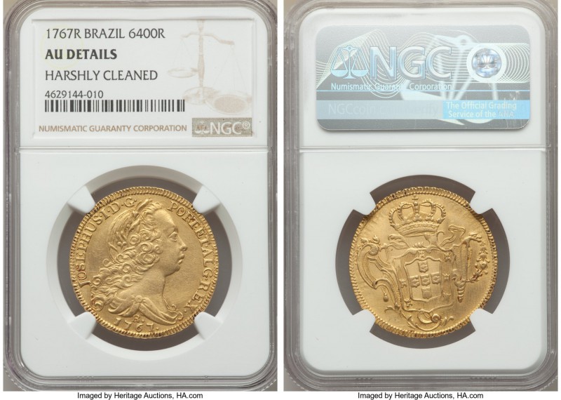 Jose I gold 6400 Reis 1767-R AU Details (Harshly Cleaned) NGC, Rio de Janeiro mi...