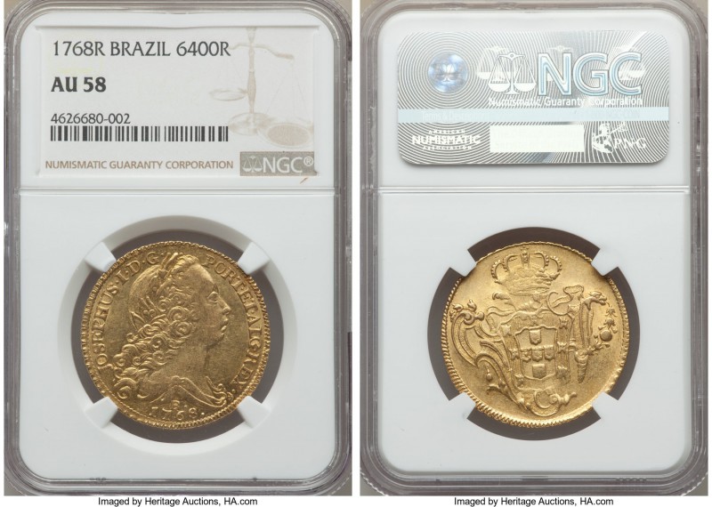 Jose I gold 6400 Reis 1768-R AU58 NGC, Rio de Janeiro mint, KM172.2. Very well-e...
