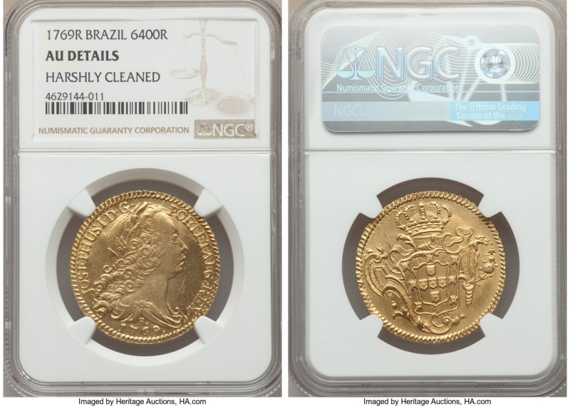 Jose I gold 6400 Reis 1769-R AU Details (Harshly Cleaned) NGC, Rio de Janeiro mi...