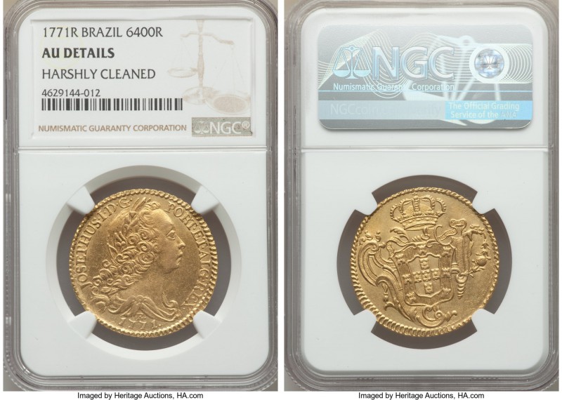 Jose I gold 6400 Reis 1771-R AU Details (Harshly Cleaned) NGC, Rio de Janeiro mi...