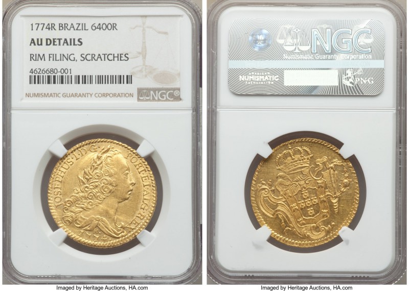 Jose I gold 6400 Reis 1774-R AU Details (Rim Filing, Scratches) NGC, Rio de Jane...