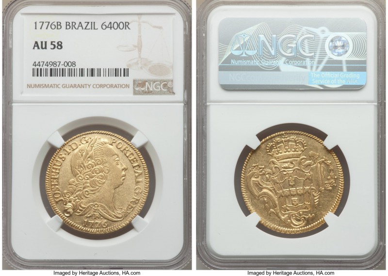 Jose I gold 6400 Reis 1776-B AU58 NGC, Bahia mint, KM172.1. A generally well-pre...