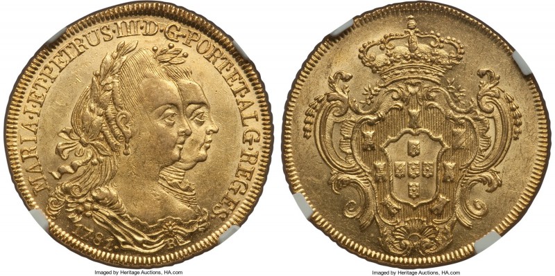 Maria I & Pedro III gold 6400 Reis 1781-R MS62 NGC, Rio de Janeiro mint, KM199.2...
