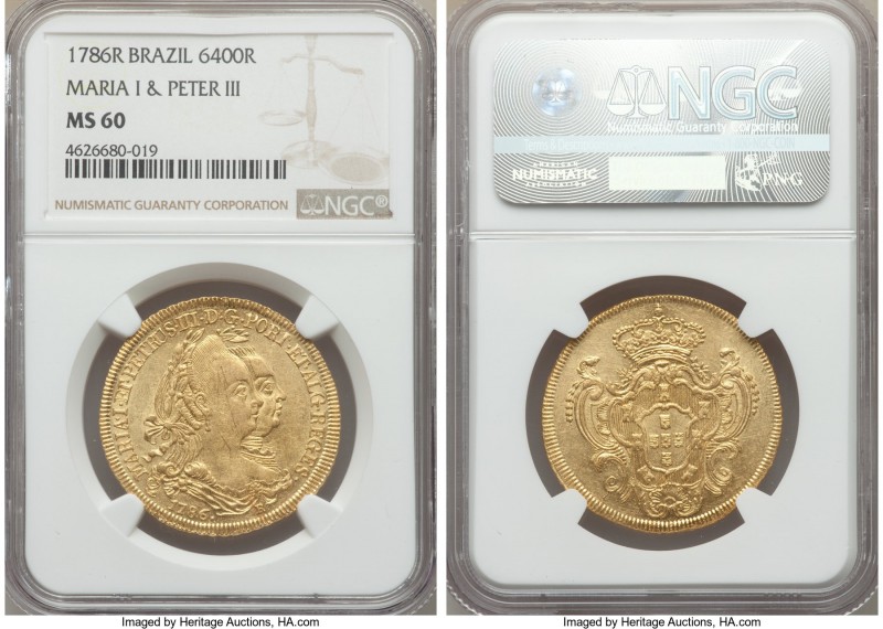 Maria I & Pedro III gold 6400 Reis 1786-R MS60 NGC, Rio de Janeiro mint, KM199.2...