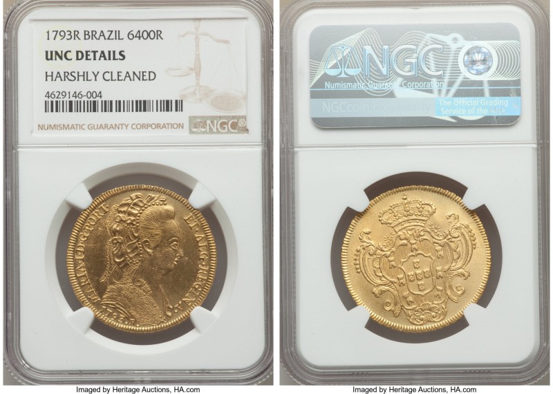 Maria I gold 6400 Reis 1793-R UNC Details (Harshly Cleaned) NGC, Rio de Janeiro ...