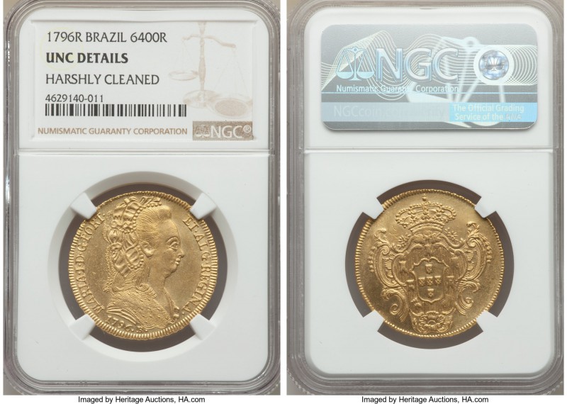 Maria I gold 6400 Reis 1796-R UNC Details (Harshly Cleaned) NGC, Rio de Janeiro ...