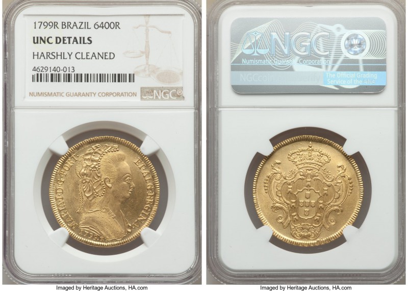 Maria I gold 6400 Reis 1799-R UNC Details (Harshly Cleaned) NGC, Rio de Janeiro ...