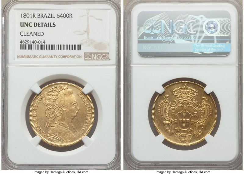 Maria I gold 6400 Reis 1801-R UNC Details (Cleaned) NGC, Rio de Janeiro mint, KM...
