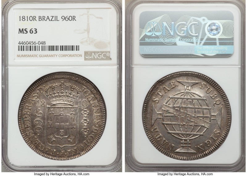 João Prince Regent 960 Reis 1810-R MS63 NGC, Rio de Janeiro mint, KM307.3. Overs...