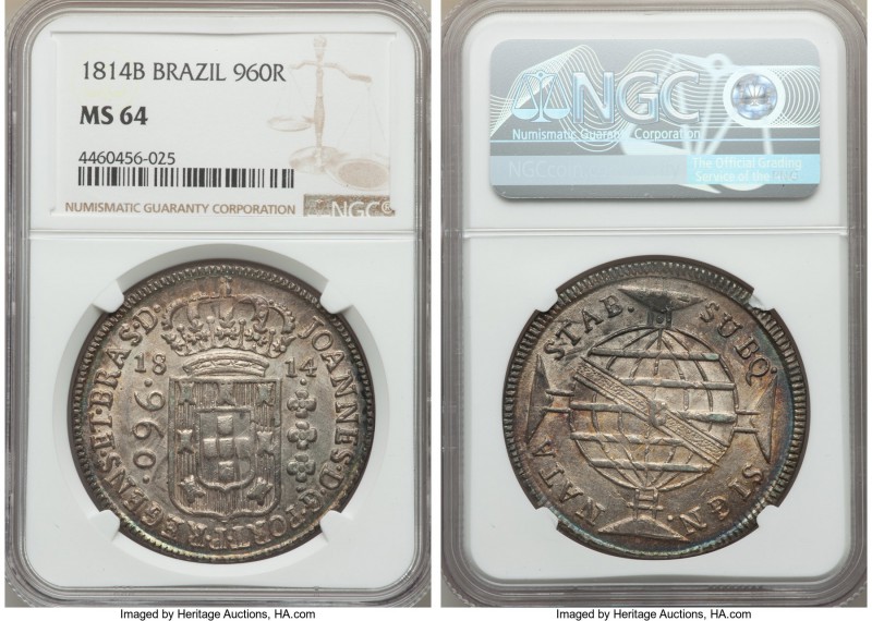 João Prince Regent 960 Reis 1814-B MS64 NGC, Bahia mint, KM307.1. Very well stru...