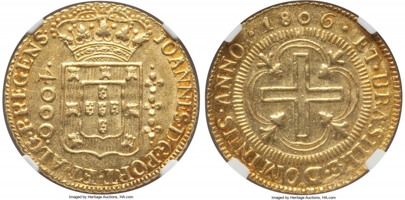 João Prince Regent gold 4000 Reis 1806-(B) MS61 NGC, Bahia mint, KM235.1. Struck...