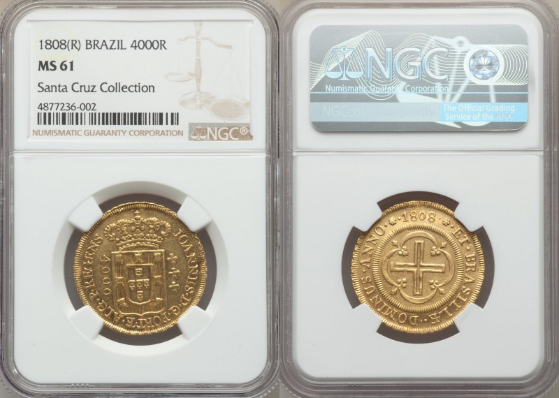 João Prince Regent gold 4000 Reis 1808-(R) MS61 NGC, Rio de Janeiro mint, KM235....