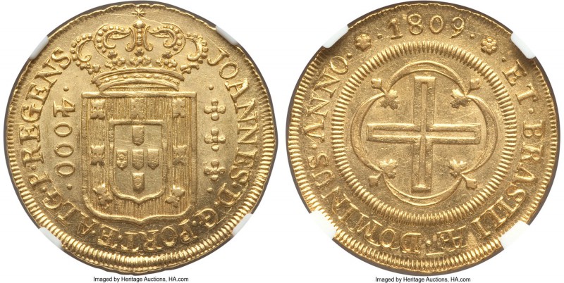 João Prince Regent gold 4000 Reis 1809-(R) MS63 NGC, Rio de Janeiro mint, KM235....