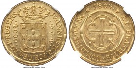 João Prince Regent gold 4000 Reis 1809-(R) MS63 NGC, Rio de Janeiro mint, KM235.2, Fr-95, LMB-O569. Highly lustrous with well-struck detail and attrac...